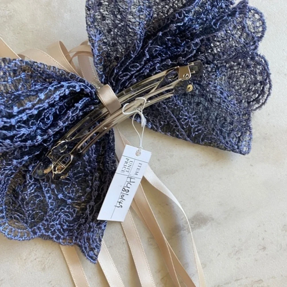 Anthropologie Blue Satin Lace Bow Barrette